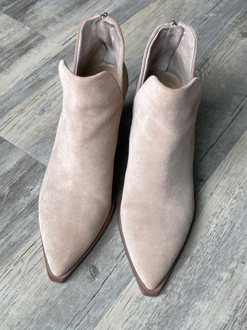 Vince Camuto Pointed-Toe Suede Ankle Booties in Beige Taupe